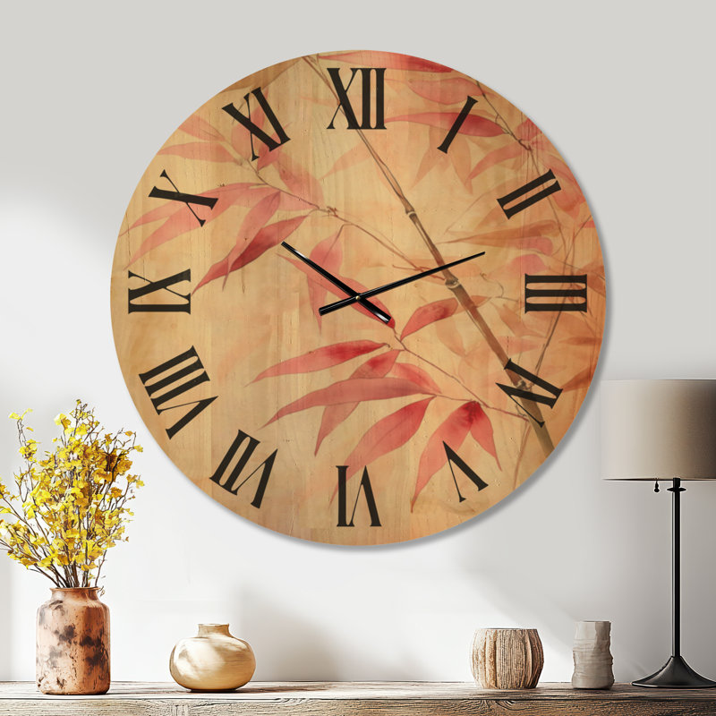 Horloge murale ronde botanique à motif de branche de bambou rose, imprimée sur bois, Très grand