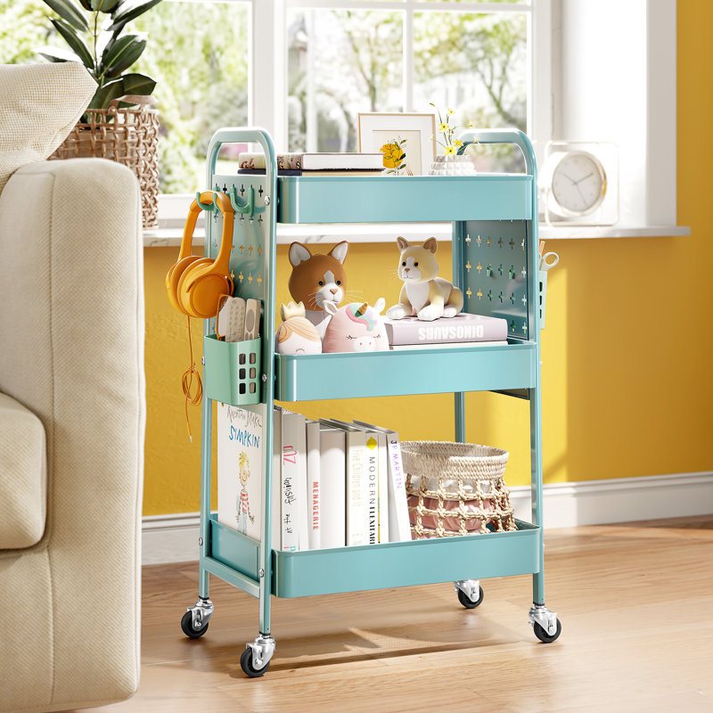 3 Tier Rolling Cart with DIY Hanging Board, Metal Rolling Utility Cart with Wheels Handles Baskets Hooks, Rolling Storage Cart