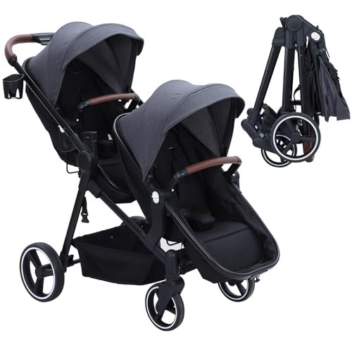 Lightweight Double Stroller for Infant & Toddler - Reversible Tandem Pushchair with Collapsible Bassinet - Adjustable Backrest & Canopy