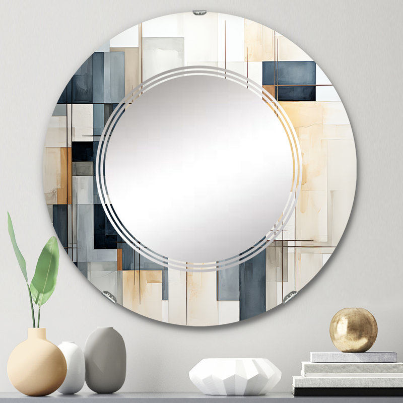 Bleu gris, dessin au trait abstrait géométrique III - miroir mural moderne rond, 24 po x 24 po