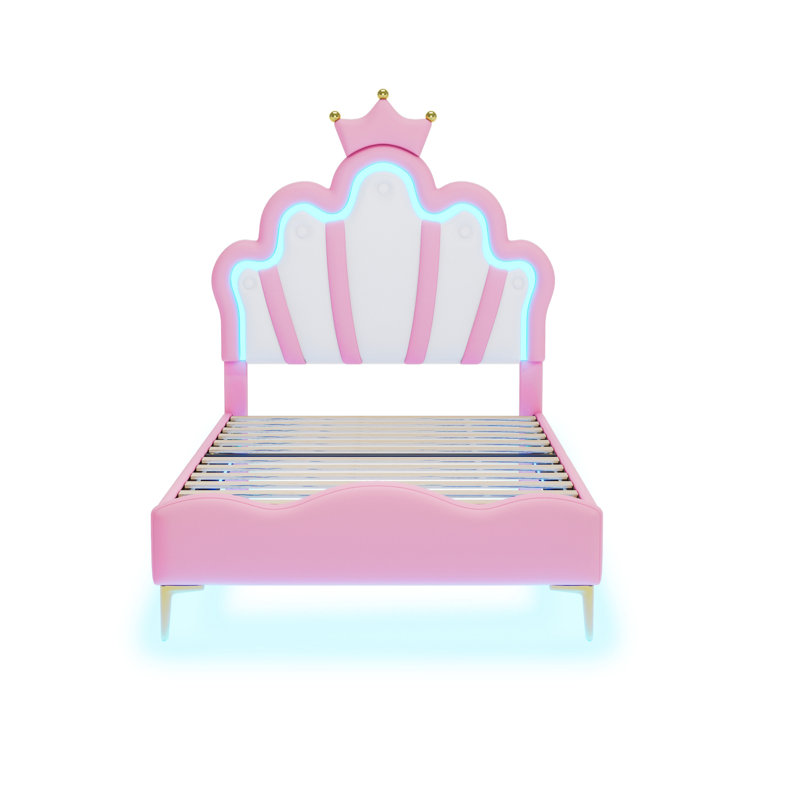 Multi-Sizes Upholstered Princess Bed With Dual-Zone Led, PU Leather Height-Adjustable Headboard, Pink/White (90x190, 90x200, 140x200)