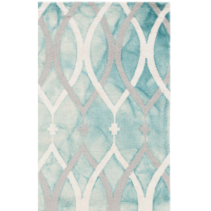 Tapis vert / ivoire touffeté à la main à motif géométrique Amekia, Rectangle de 2 pi x 3 pi