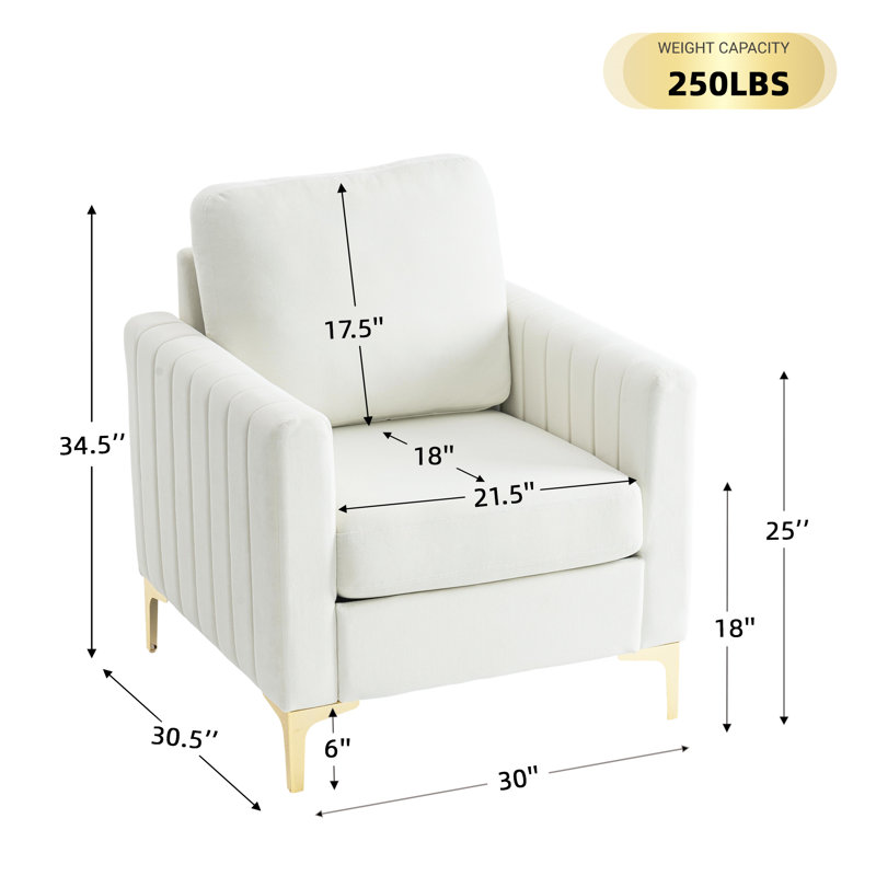 Velvet Accent Chair With Gold Metal Legs Comfy Reading Chair For Living Room, Ivory