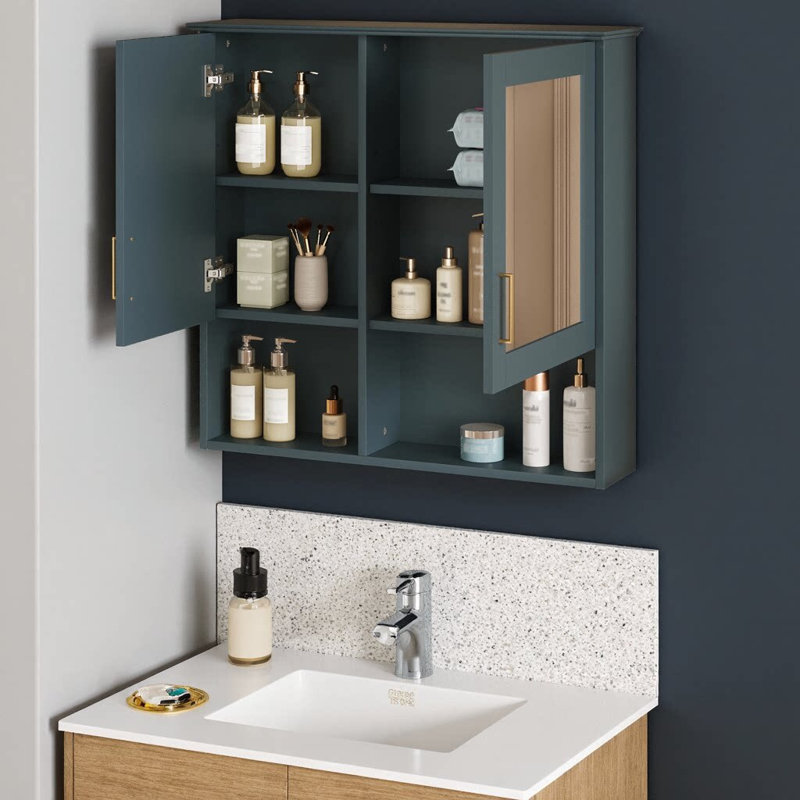 Armoire à miroir 30 po 2-en-1 pour salle de bain | Armoire à pharmacie murale avec tablettes réglables et portes à fermeture en douceur | Miroir haute définition avec façade sculptée et rangement dissimulé pour meuble-lavabo