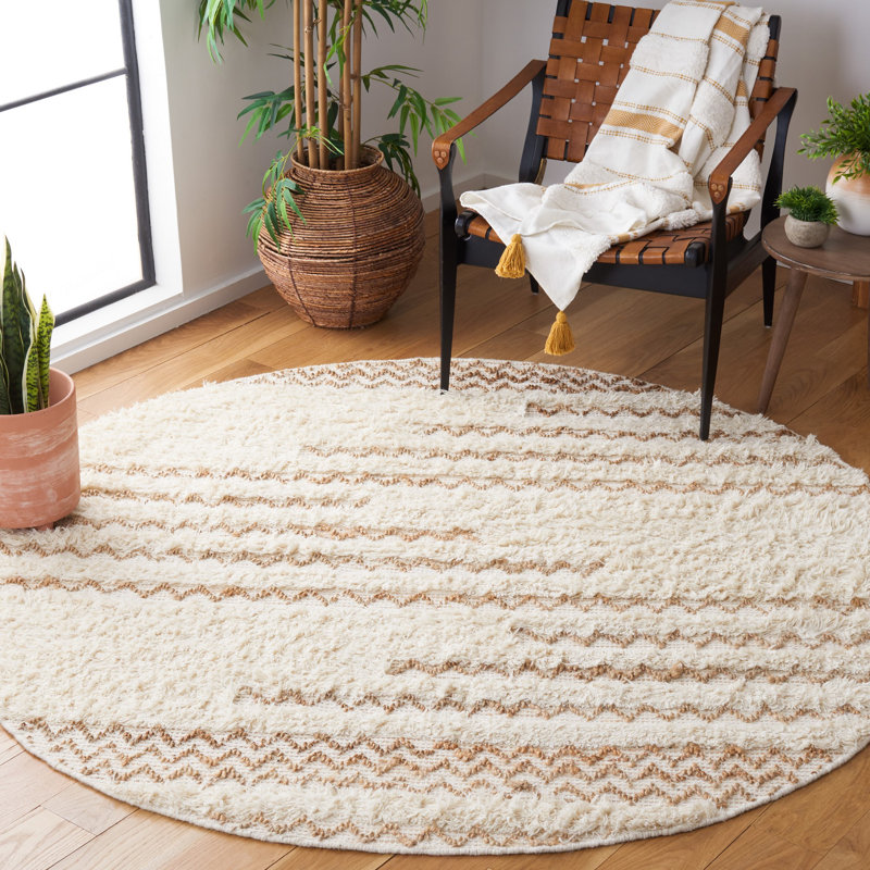 Tapis ivoire / brun en laine tissé à plat à la main Kristina, Rond 4 pi