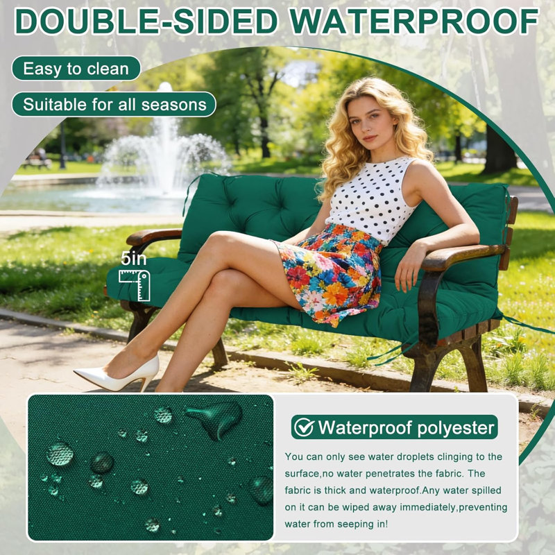 Porch Swing Cushions 60 Inch Waterproof & Fade Resistant Thicken 5" Outdoor Swing Cushions 3 Seater Replacement With Backrest & Ties Patio Swing Cushions For Outdoor Furniture (Dark Green)