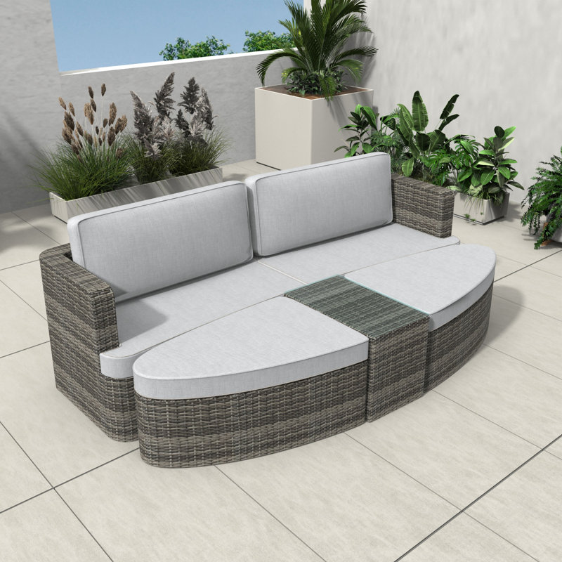Rattan Outdoor Daybed Set With 10cm Cushions – Sofa, 2 Ottomans & End Table, Grey