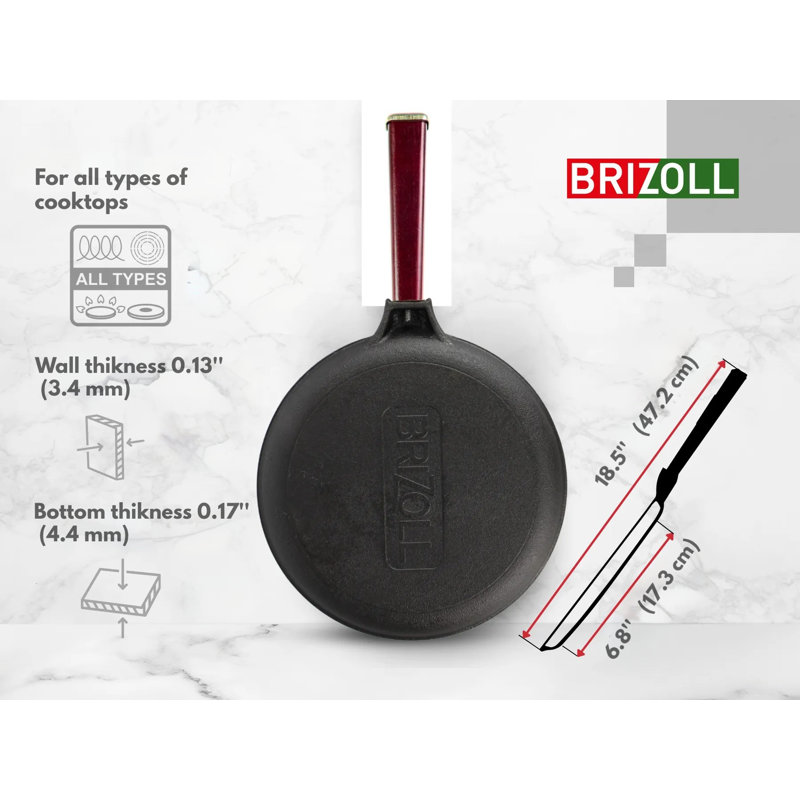 BRIZOLL 9.5" Seasoned Cast Iron Non-Stick Crepe Pan with Burgundy Handle