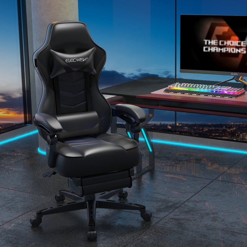 Metro Lane Adjustable Reclining Ergonomic Swiveling PC & Racing Game Chair with Footrest, Black