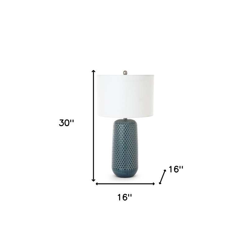 Set of Two 30" Blue Ceramic Geometric Table Lamp With White Drum Shade