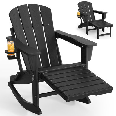 Chaise berçante pliante Adirondack avec repose-pieds rétractable, chaise berçante extérieure en PEHD toutes saisons, bois texturé avec porte-gobelet pour patios, terrasses, jardins, foyers