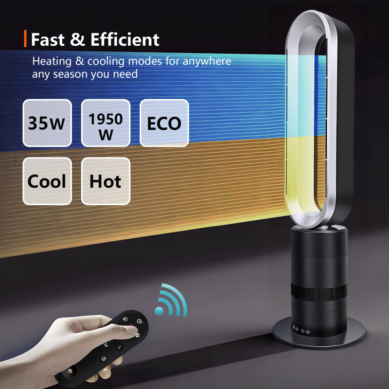 Oscillating Bladeless Tower Fan and Heater Combo with Remote Control 10 Speeds 9H Timer Thermostat, Black/Silver