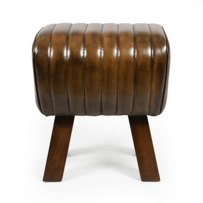 Leather Tripod Bench Stool Vintage Ribbed Brown Leather Footstool with Wooden Legs, 51cm