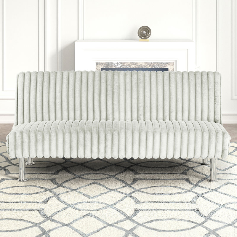 Contemporary Style Gray Futon Bed With Finish Base Legs And Extra Back Support For Conversion, 29"d Depth, Fabric Upholstered Armless Convertible To Ribbed Upholstery - Colored Legs, 66"w Width, 50