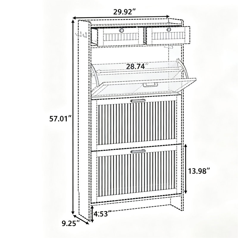 Grooved-Front Modern Shoe Cabinet with Adjustable Shelves — Entryway Shoe Organizer with 3 Flip-Open Drawers & 2 Storage Drawers — Slim Hidden Shoe Rack Cabinet for Hallway & Foyer