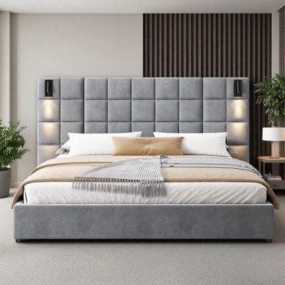 King Size Upholstered Bed Frame With Wall Sconce And Usb Port