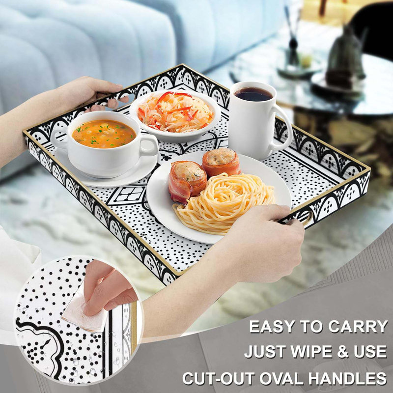 Plastic Serving Tray With Handles, Modern Black Tray For Coffee Table, Rectangular Trays With Flower Pattern, Decorative Trays For Ottoman, 15.8" Lx 11.8" W X 1.6" H
