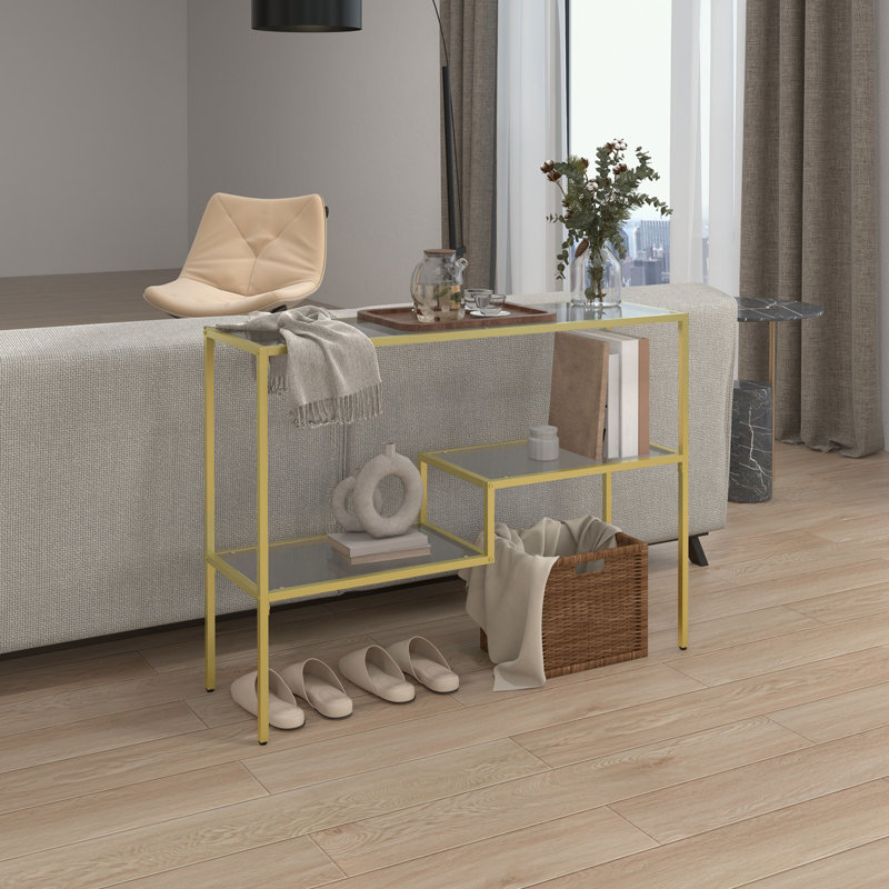 Console Mercer41 Gold, table de canapé en verre trempé de 39 po, table d'entrée étroite avec tablettes de rangement, cadre en acier pour le salon, couloir