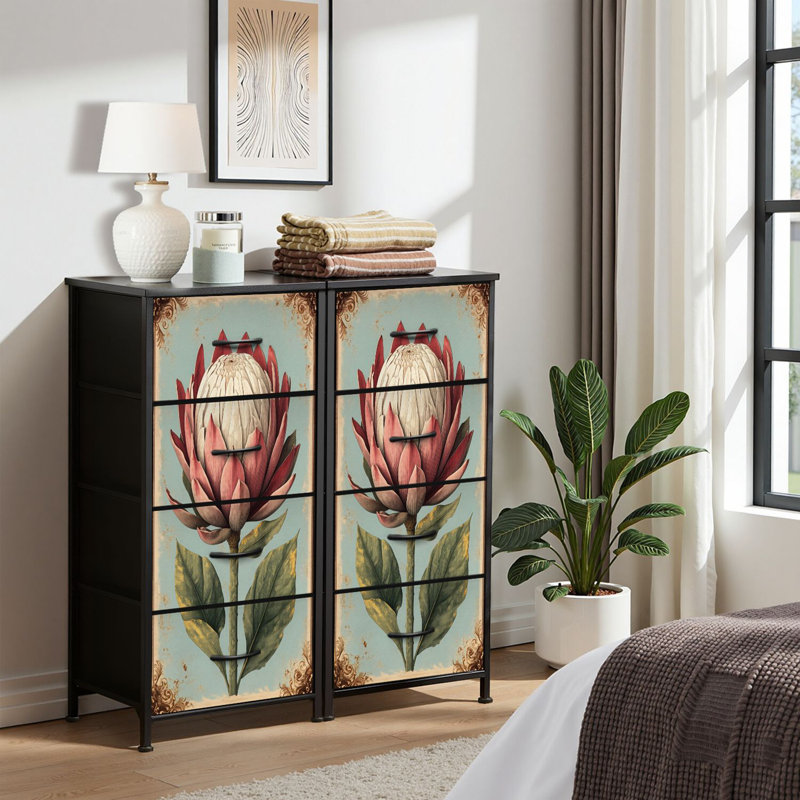 Commode 4 tiroirs pour chambre à coucher, commode étroite, plateau en bois et structure en fer de travail 18 po x 37,5 po - (l x H)