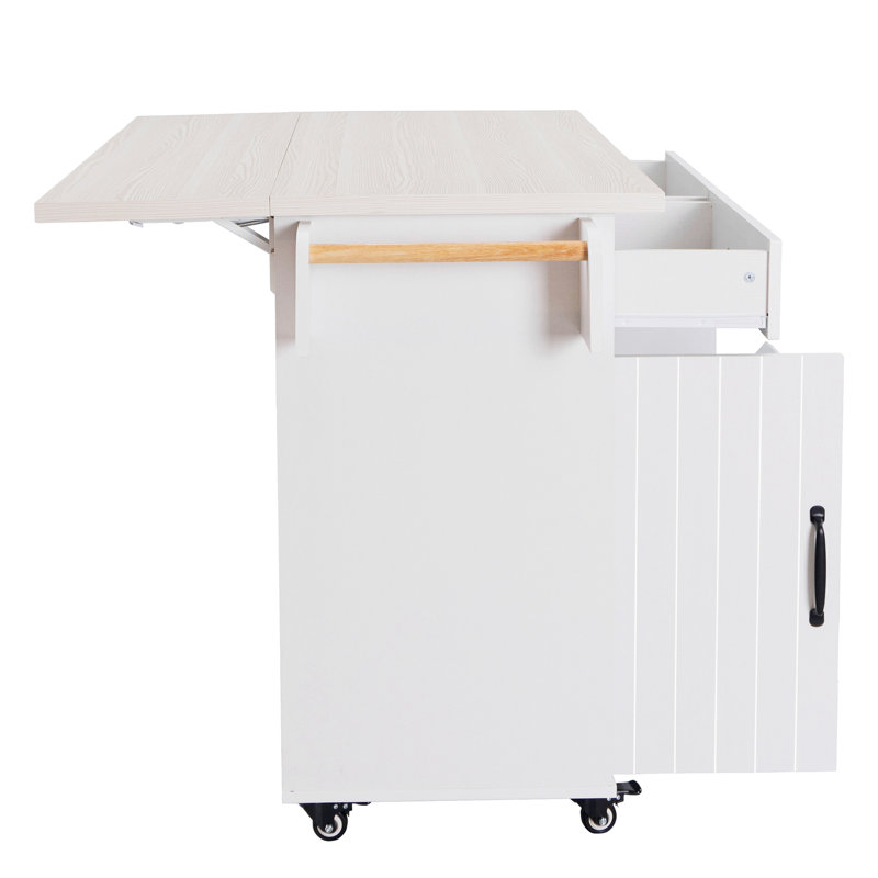 Kitchen Island With Trash Can Storage Cabinet, Kitchen Cart With Drop Leaf, Spice Rack, Towel Rack And Drawer, Rolling Kitchen Island On Wheels With Adjustable Shelf, White