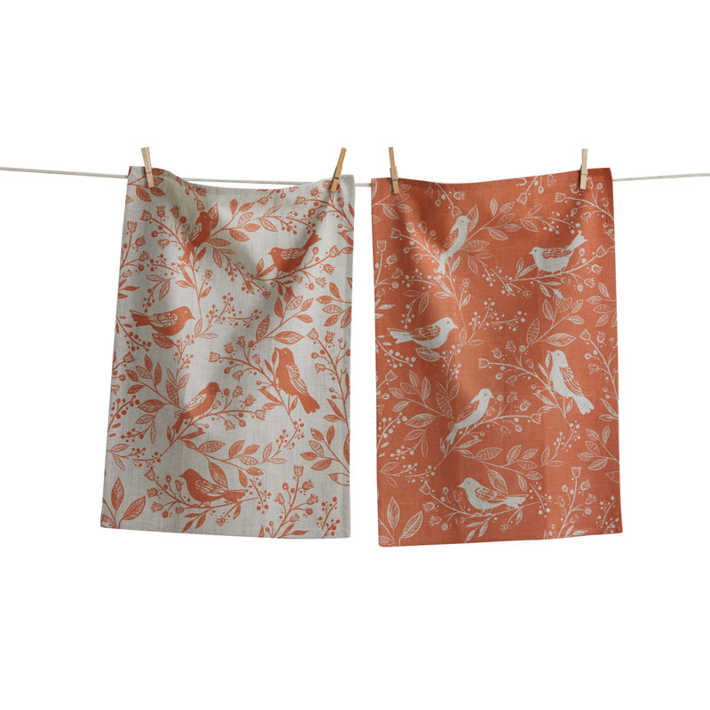 Canyon Print Birds & Vines Melon Kitchen Towel Set  Everyday Dishtowels, Machine Washable., Orange