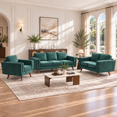 Mid-Century Modern 3-Piece Living Room Sofa Set, Includes 3-Seater Couch, Loveseat & Armchair, Tapered Wood Legs
