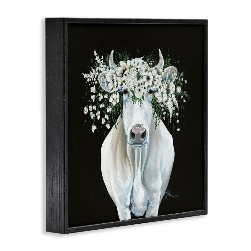 Vache avec guirlande de fleurs, estampe numérique, conception par Hollihocks Art, Giclée encadrée noir minuit
