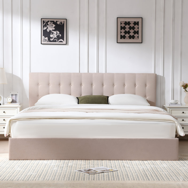 Lit plateforme tapissier avec rangement Arcadia, Kaki, Très grand