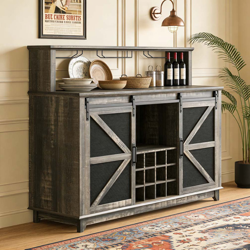Armoire à vin, armoire à café avec lumières, porte-bouteilles et porte-verres