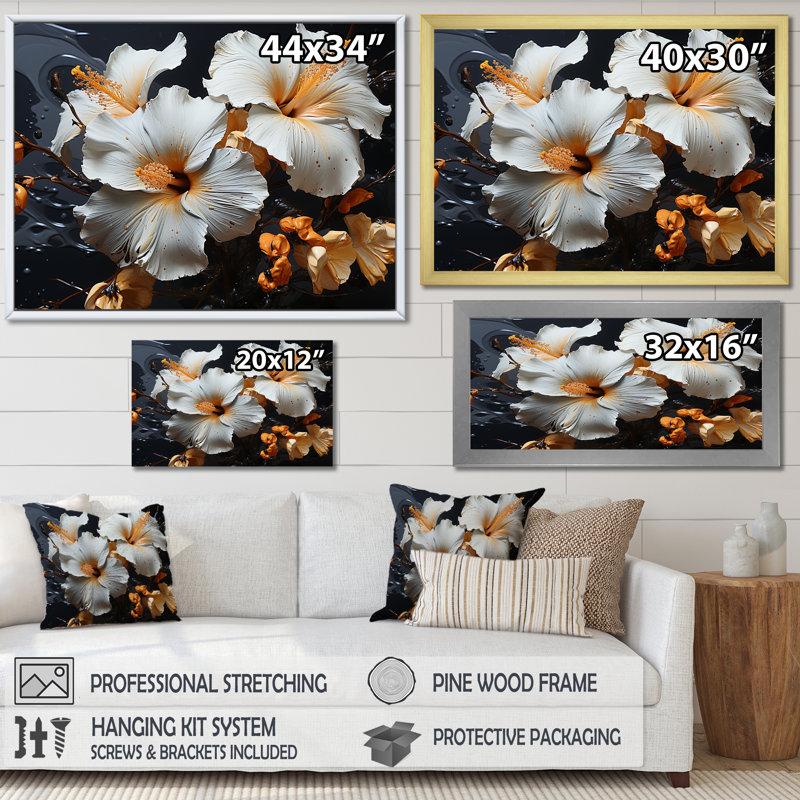 «Hibiscus Orange Blossums» sur toile, Cadre flottant noir, H 30 po x l 40 po x P 1,5 po