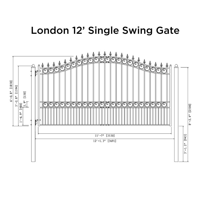 Barrière de portail en acier simple - style LONDRES, H 72,8 po x l 145,3 x P 1,58 po