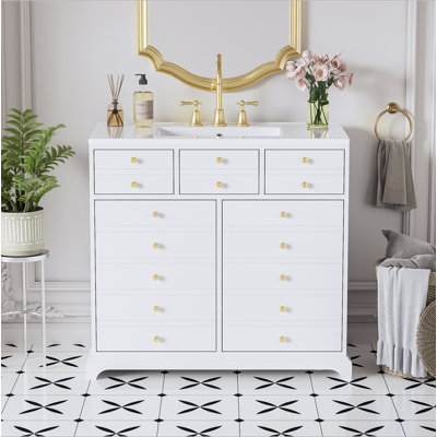 Ensemble de meuble-lavabo 36 po avec lavabo en céramique, armoire de rangement en bois massif, ensemble de meuble-lavabo autoportant avec 2 tiroirs et portes à fermeture douce
