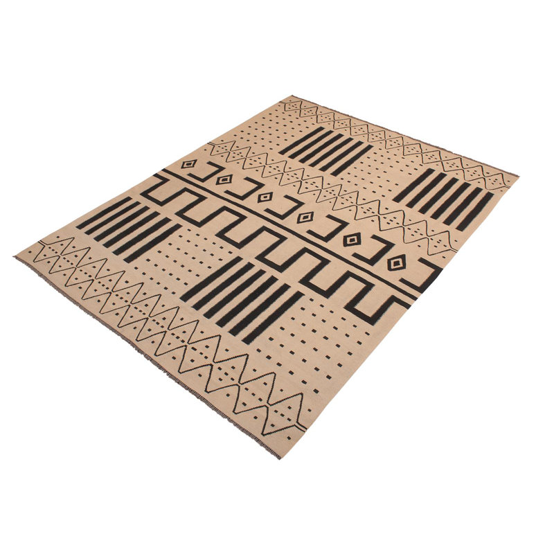 Tapis beige / noir en laine tissé à la main rectangulaire de 8 pi 4 po x 9 pi 6 po Cedorah