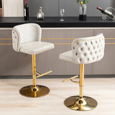 Beige Modern Swivel With Adjustable Seat, Pu Upholstered Back For Home And Kitchen  2 Stools Bar Seat Height, Tufting Living Room