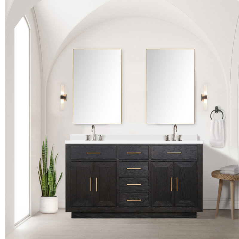 Meuble-lavabo double en chêne noir 60 po X P 22 po D, avec plateau en quartz blanc