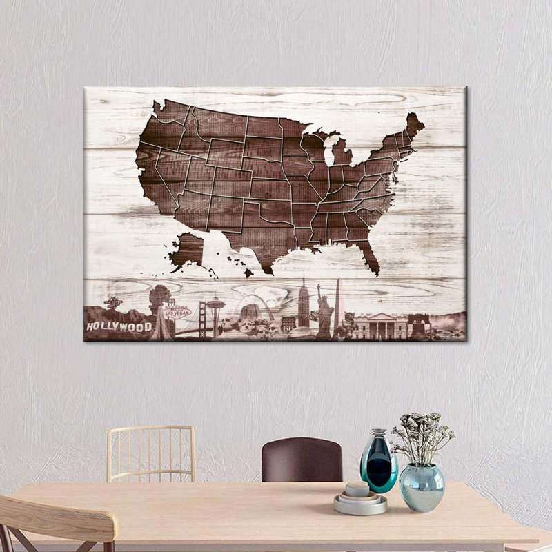 Carte en bois des États-Unis sur toile, H 20 po x l 30 po x P 1,25 po