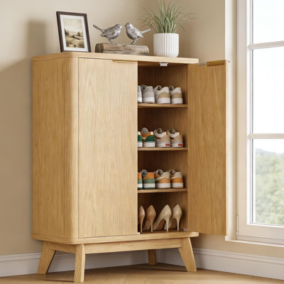 Range-chaussures avec portes et tablettes réglables, naturel | Armoire de rangement moderne en bois pour vestibule, vestibule et appartement, réduisant l'encombrement et l'accumulation de poussière