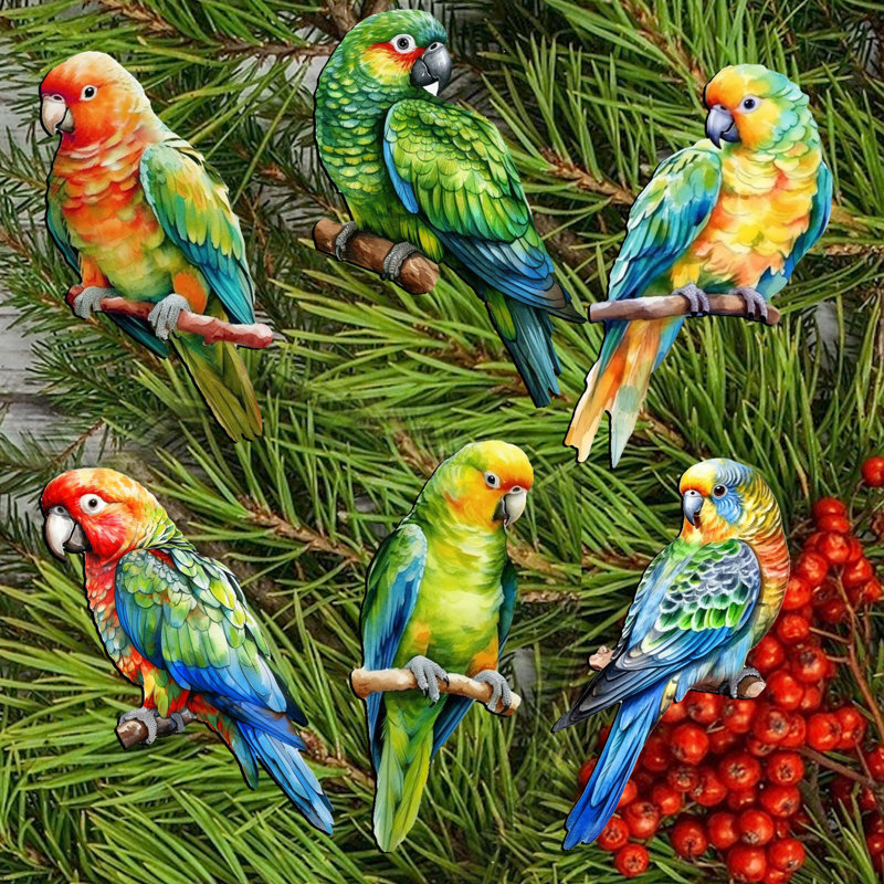 Colorful Parrots Wooden Clip-On Ornaments Set of 6