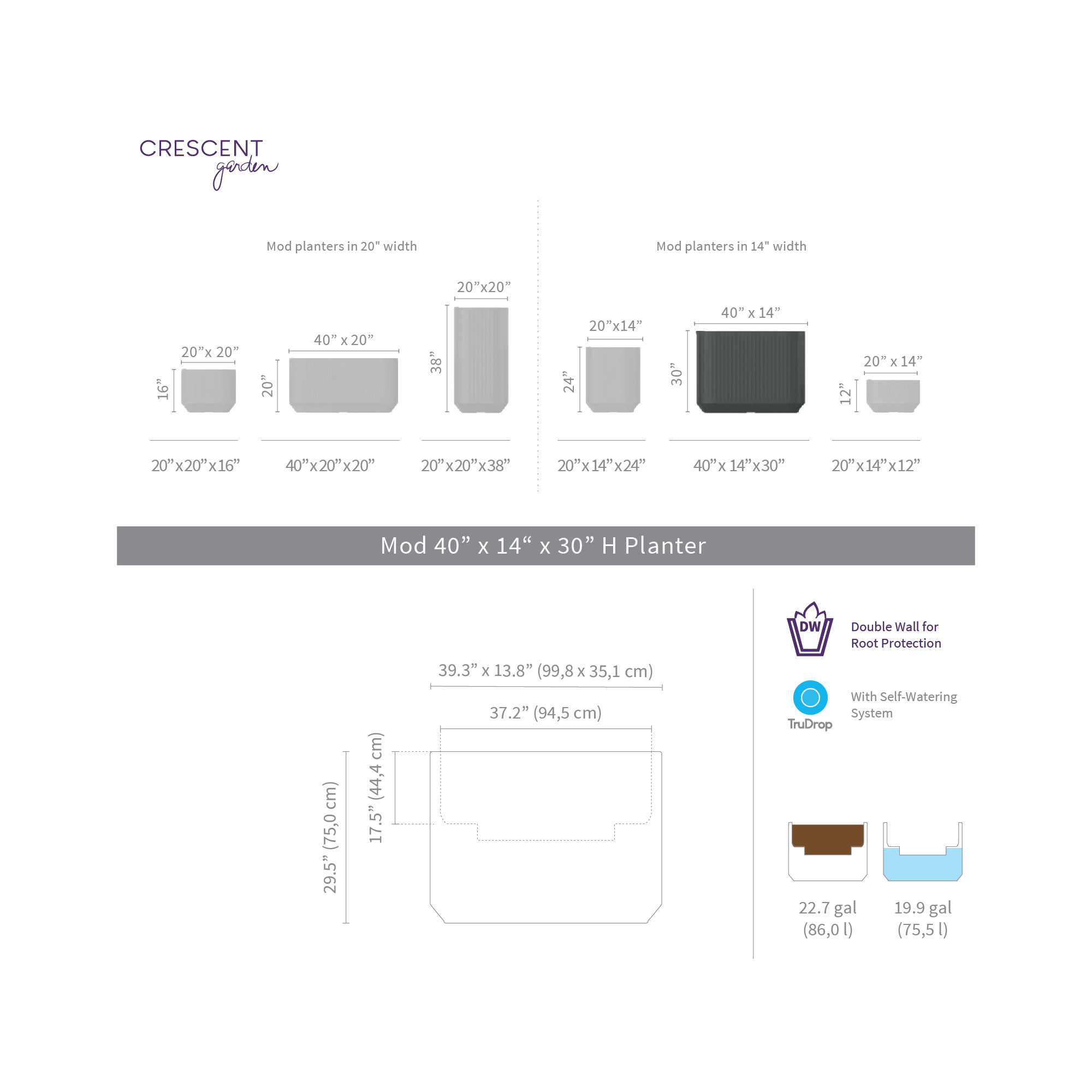Mod Self Watering Plant Box, Midnight , 40" x 14" x 30"H - Privacy Planter Wall