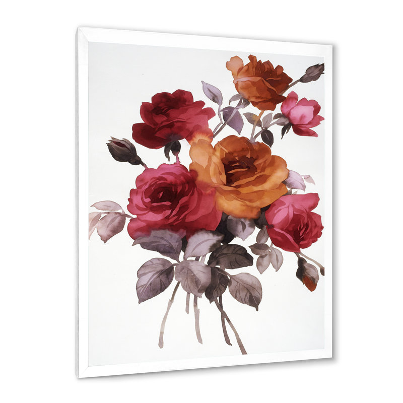 Rétro orange et roses rouges - peinture sur toile, H 40 po x l 30 po x 1,5 po, Cadre photo blanc