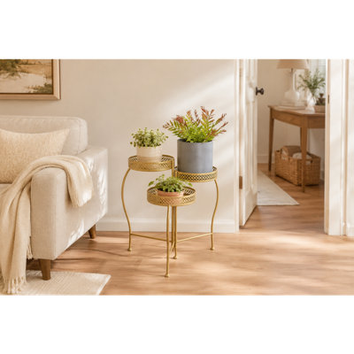 Support pour plante d'intérieur et d'extérieur incurvé en métal à 3 niveaux avec motifs floraux et volutes Orlande