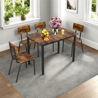 Dining Table Set For 4, Wood Kitchen Table With Upholstered Chairs Dinning Table Set For Kitchen & Dining Room, Compact Dining Set For Small Spaces, Rustic Brown