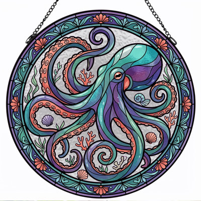 Octopus Design Stained Glass Window Panel，12"H