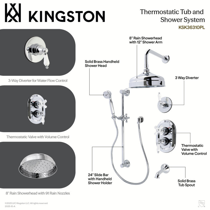 Kingston Brass Restoration Thermostatic Tub And Shower System, Polished Chrome