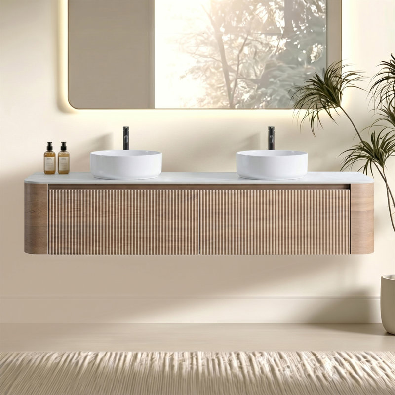 Meuble-lavabo Erba de 72 po avec lavabo, armoire murale en chêne miel avec porte-serviettes gratuit, conception de deux lavabos en céramique blanche, sans drain et robinet, pré-assemblé