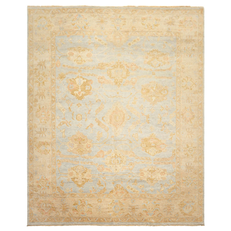 Tapis transitionnel bleu en laine noué à la main 8 pi 2 po x 9 pi 11 po Oushak