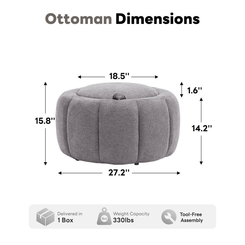27.5'' Upholstered Round Storage Ottoman,  Chenille - Dark Gray
