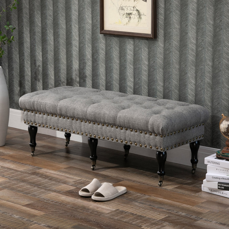 Repose-pieds mobile rembourré mobile en tissu avec garniture cloutée et roulettes, gris, Gris