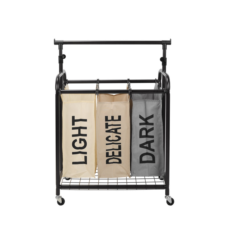 Metal Rolling Laundry Sorter with Handles, White/Brown/Gray
