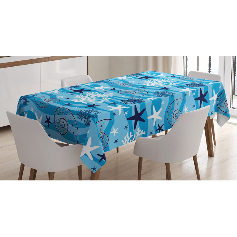 Seashells Tablecloth, Nautical Underwater Universe Design Of All Creatures Scallop Motif Illustration, Rectangular Table Cover For Dining Room Kitchen Decor, 52" X 70", Blue White